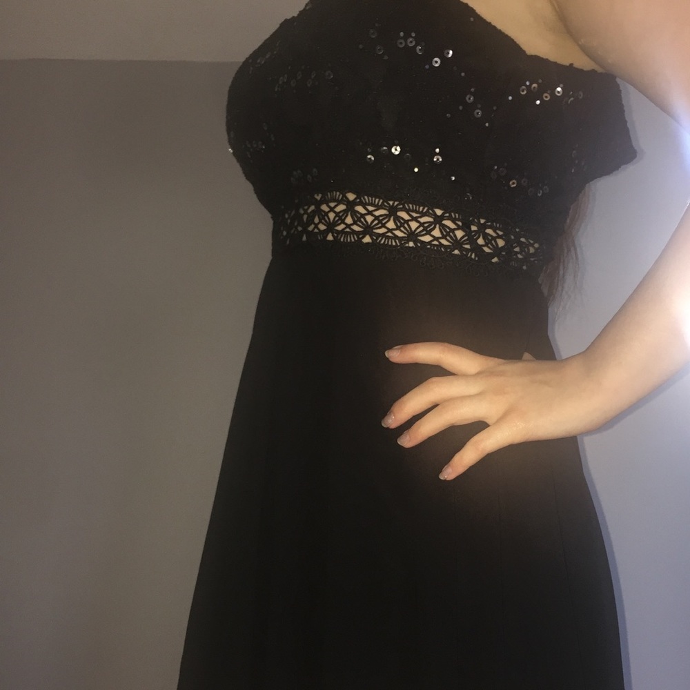 Short black formal dress with sequin top